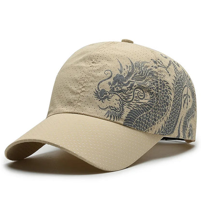 Chinese style printed dragon baseball cap, polyester outdoor quick drying cap,sun protection cap, duckbill cap for men and women