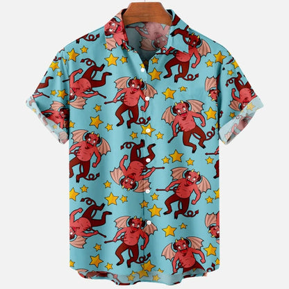 Summer New Retro Men's Shirt Devil Horror Skull Short Sleeve Shirt Collar 3D Printing