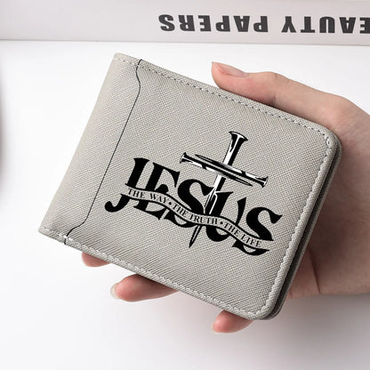 Men's Leather Simple Double-sided Wallet, Short Style, Casual Jesus Pattern, Thin Card Case, Men's Money Clip