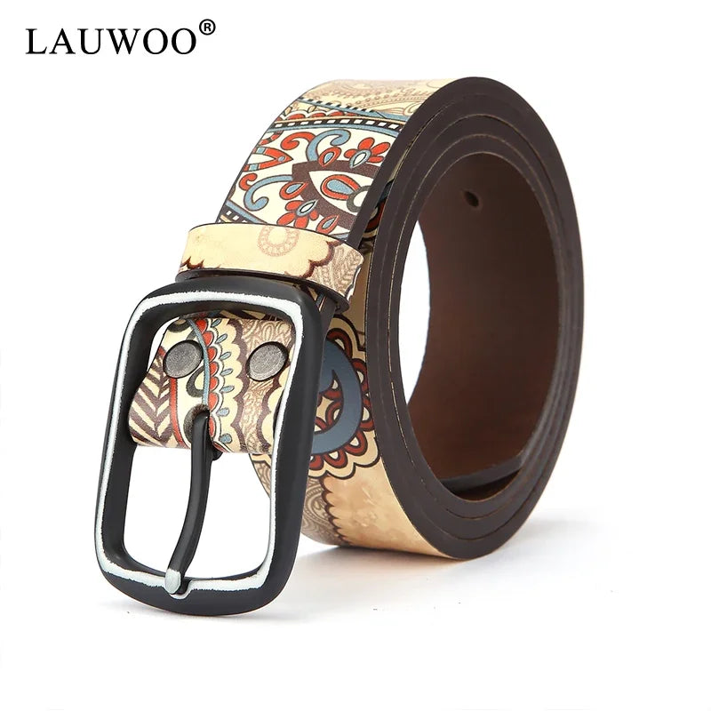 LAUWOO Women Belt Luxury Brand Genuine leather belt for men fashion printed belts  for women Retro Unisex Casual Jeans Belts