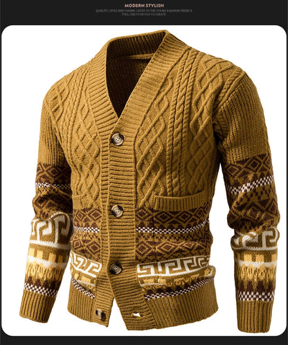 Men's Cable Knit Fair Isle Geometric Striped Cardigan V Neck Button Front Pocket Long Sleeve Sweater Autumn Winter Casual