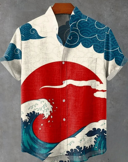 Men's striped Hawaiian shirt, casual short-sleeved top, loose and fashionable, vintage summer shirt