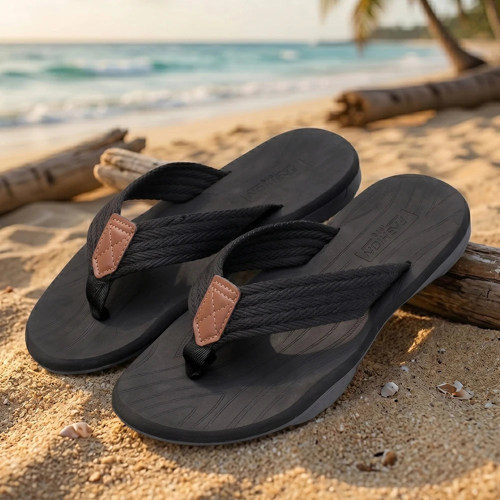 Summer men's slippers made of EVA material are comfortable and non irritating. Outdoor flip flops are of good quality