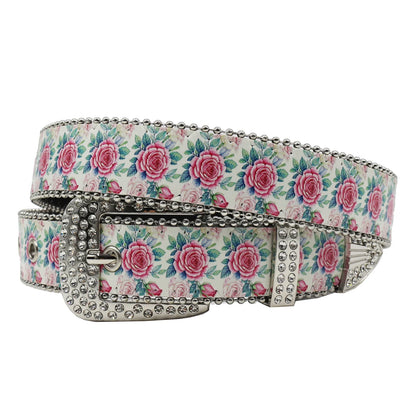 Rhinestone belt blue totem print New Women's Fashion Rhinestone Versatile Fashion PU Leather Belt Jeans Punk Rock Y2K Belt