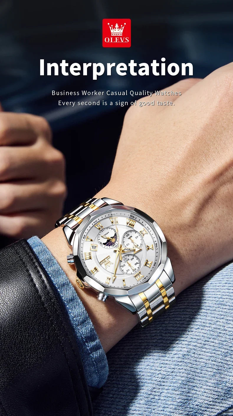 OLEVS 3675 Luxury Calendar Stainless Steel Quartz Mens Wristwatches Chronograph Waterproof Watch for Men Luminous Reloj Hombre