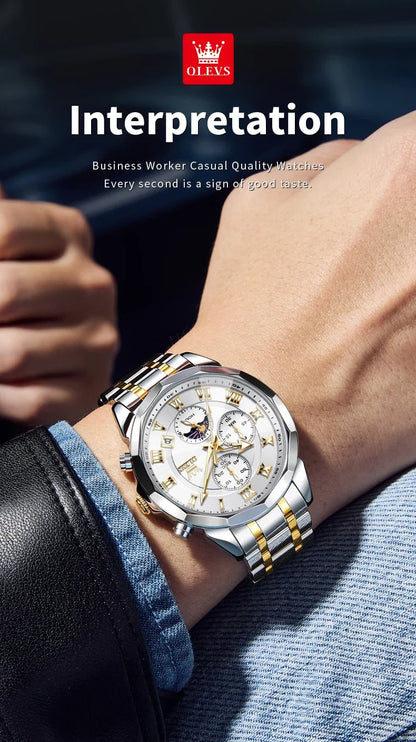 OLEVS 3675 Luxury Calendar Stainless Steel Quartz Mens Wristwatches Chronograph Waterproof Watch for Men Luminous Reloj Hombre