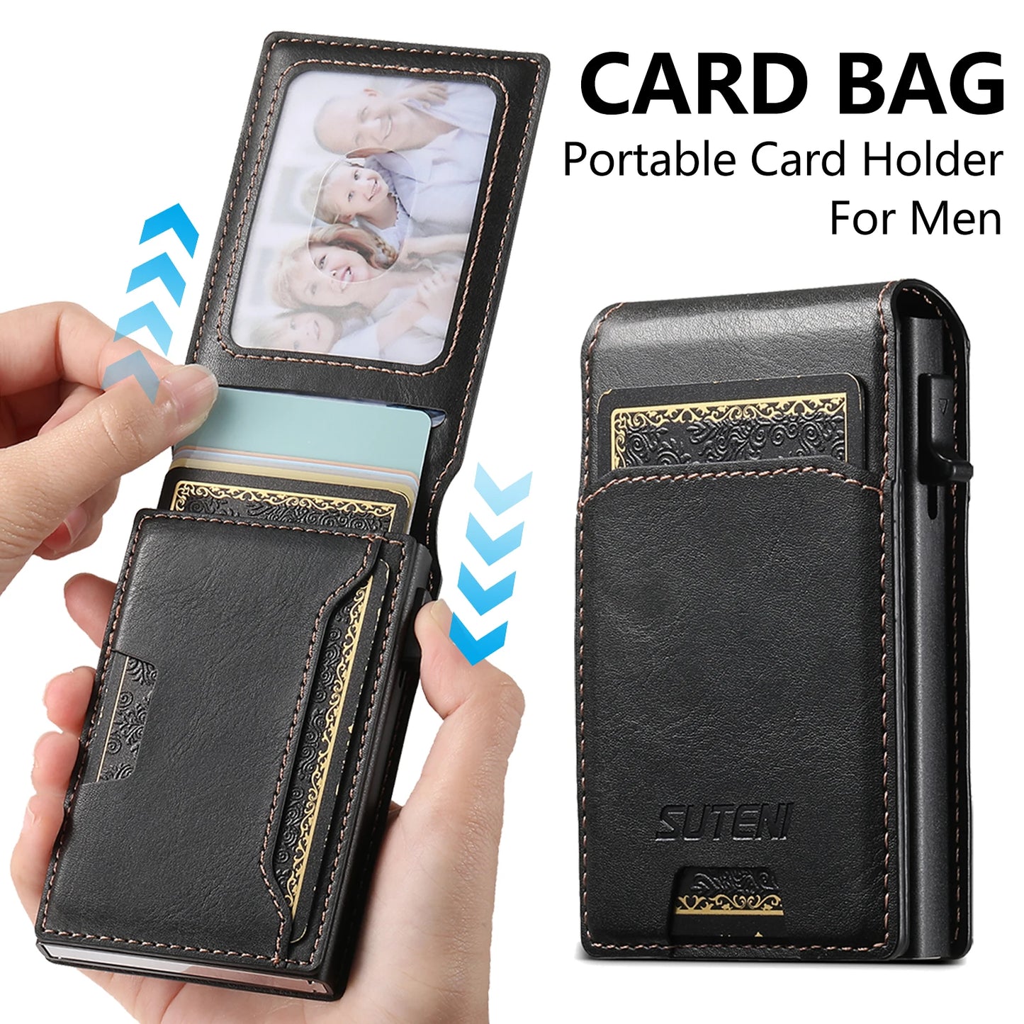 SUTENI PU Leather For Men Wallet Card Slot Wallet Flip Cover card box Pressing The Button Automatically Ejects The Card