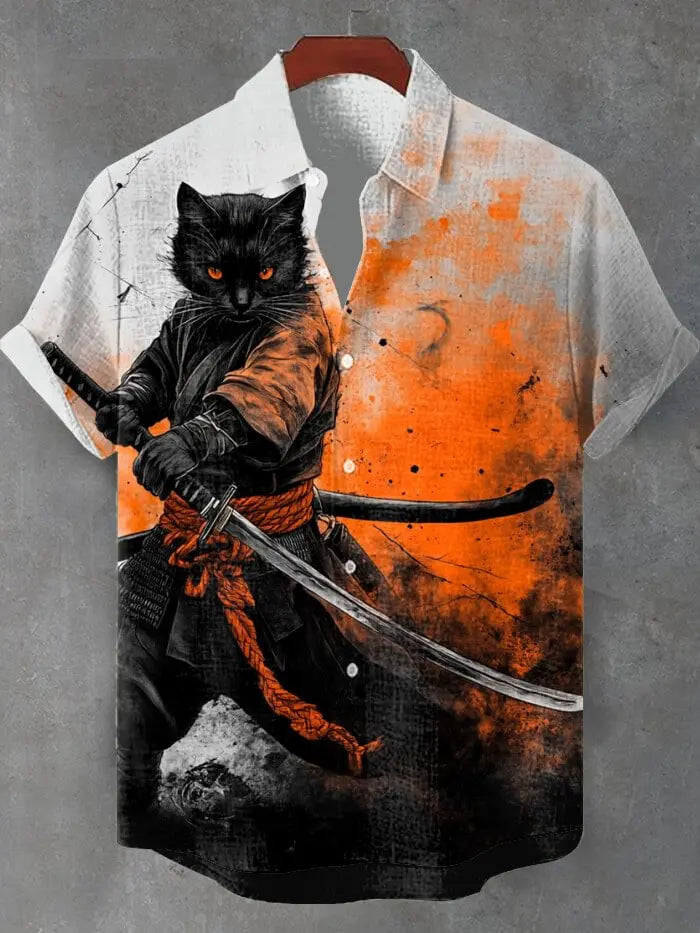Men's Edo Cat Samurai Warrior Japanese Art Anime Shirts 3D Print Casual Hawaiian Shirts Summer Men Women Short Sleeve Blouse Top