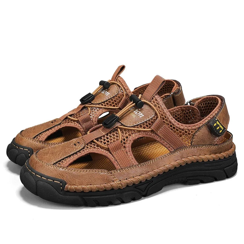 Men's Handmade Simple Letter-Print Sandals, Summer Beach Hollow Sandals, Fashionable Velcro Men's Shoes, Outdoor Hiking and River-Tracing Shoes, Comfortable, Breathable, Wear-Resistant, Non-Slip, Large Size Men's Shoes