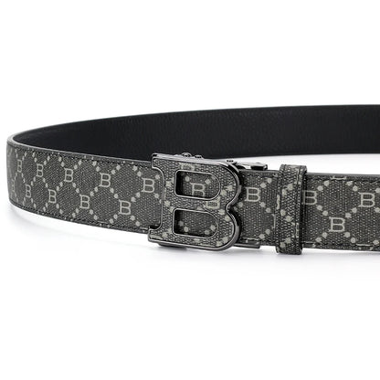 Classic B Print Leather Belt for Men - Adjustable Ratchet Buckle Dress Belt for Suits & Trousers