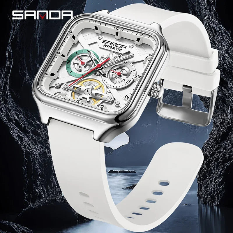 SANDA New Casual Men's Square Watches Fashion Hollow Skeleton Luminous 5ATM Waterproof Multifunction Chronograph Quartz Watch