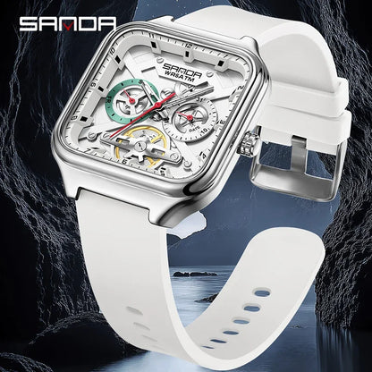 SANDA New Casual Men's Square Watches Fashion Hollow Skeleton Luminous 5ATM Waterproof Multifunction Chronograph Quartz Watch