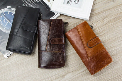 CONTACTS Genuine Leather Men Wallet Long Vintage Bifold Men's Wallet Zipper Coin Purses Large Capacity Money Clips Card Holder