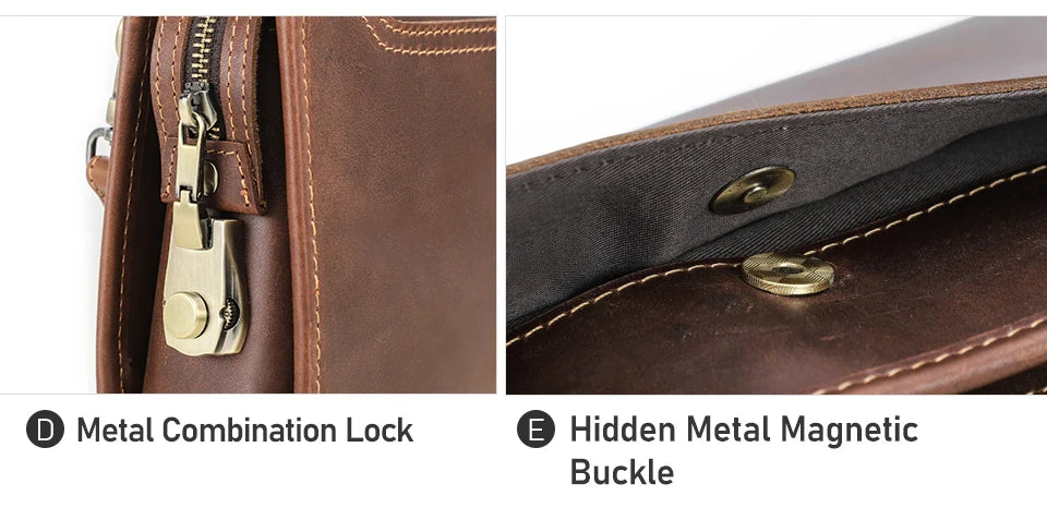 CONTACT'S Genuine Leather Handbag Men Vintage Small Cluth Bag 6 Card Holder iPad Mini Metal Lock Travel Business Pouch Bag