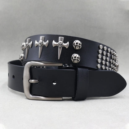 Designer Brand Belt Men Rivet Real Leather Pin Belt Male Black Rock Genuine Leather Cowhide Luxury Punk Belt Jeans
