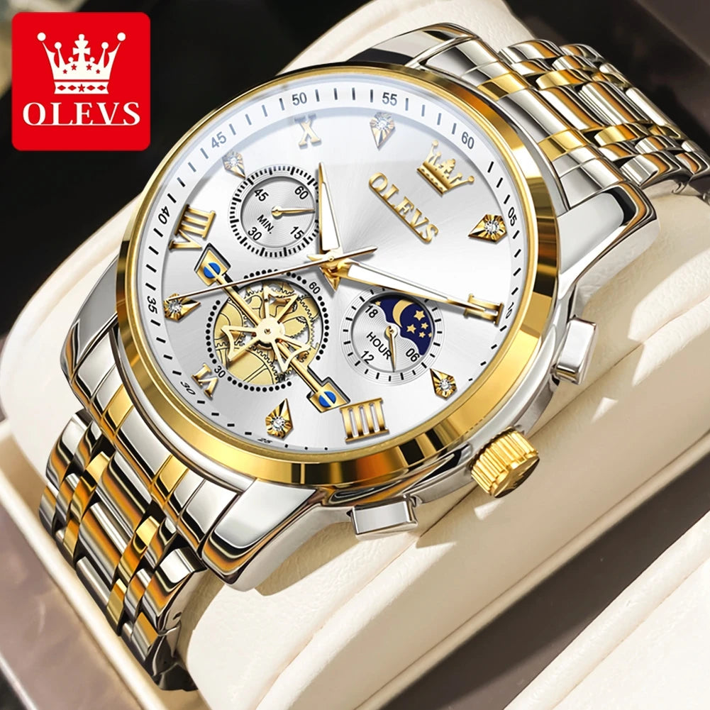 OLEVS Men's Watches Classic Multifunctional Flywheel Chronograph Original Quartz Wristwatch Moon Phase 24 Hour Waterproof Reloj
