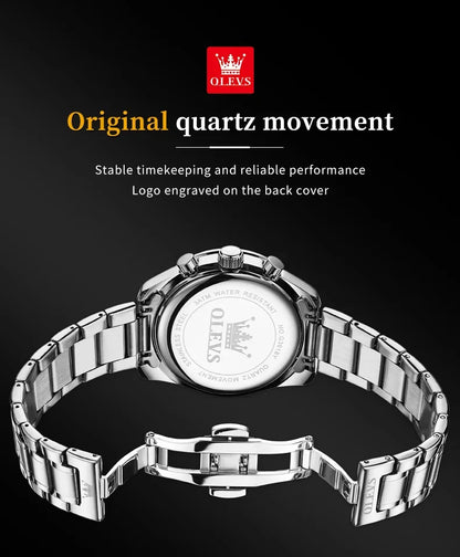 OLEVS 3618 Waterproof Luminous Date Moon Chronograph Wristwatches Mens Luxury Stainless Steel Quartz Watch for Men Reloj Hombre