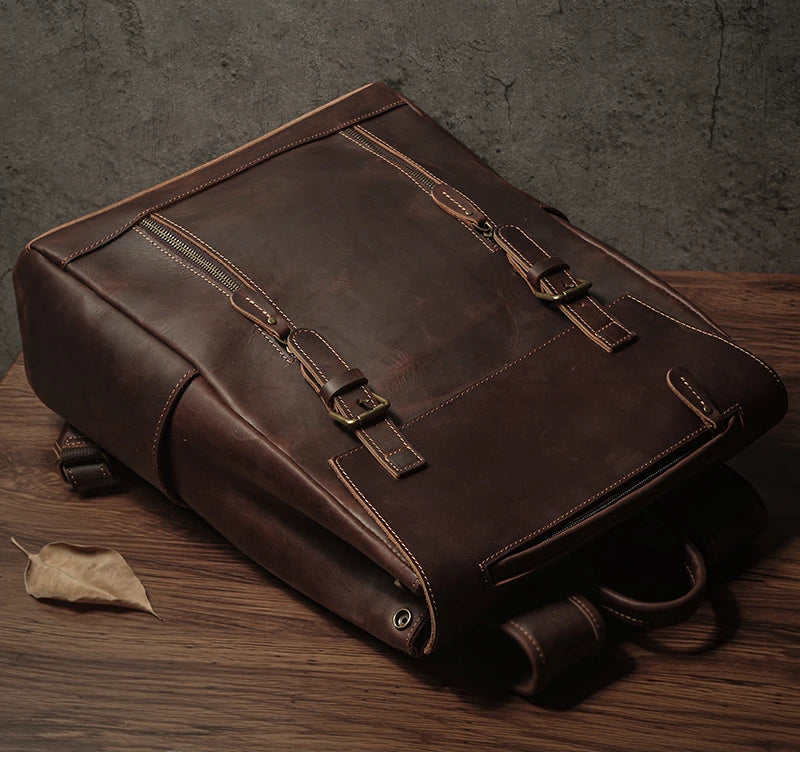 NUKA Men's Genuine Leather Backpack Vintage Outdoors Travel Bag Luxury Crazy Horse Cowhide Schoolbag Mountaineering Backpack