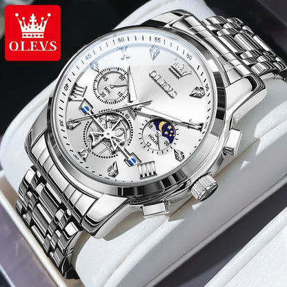 OLEVS Men's Watches Classic Multifunctional Flywheel Chronograph Original Quartz Wristwatch Moon Phase 24 Hour Waterproof Reloj
