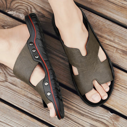 Summer Men Slippers Genuine Leather Breathable Clogs Sandals Beach Classics Leather Slides Outdoor Flip Flops Plus Size Men Shoe