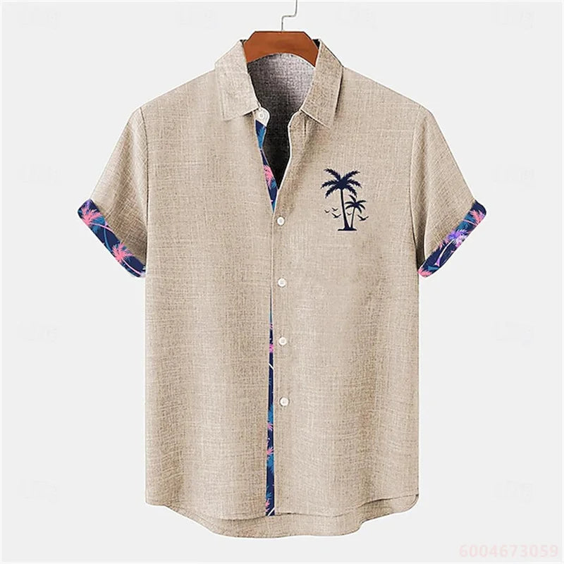 2026 Summer Men's Short-Sleeve Shirt, Coconut Tree Print, Color-Blocked Placket, Casual Vacation Beach Shirt, Hawaiian Shirt