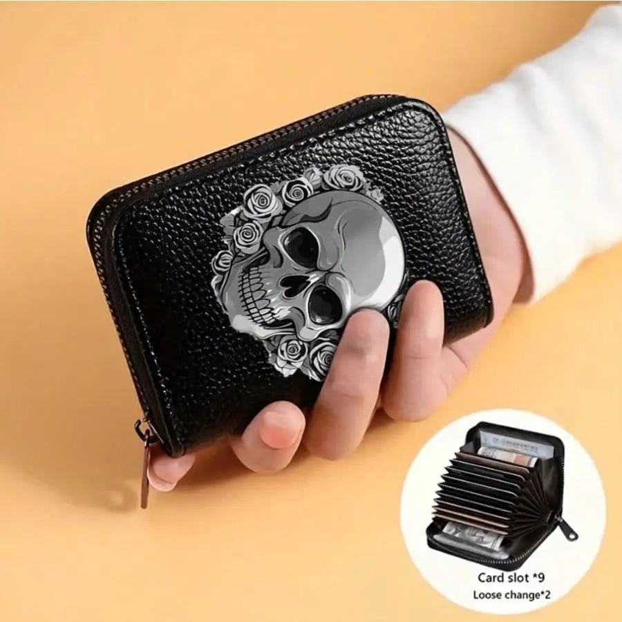 Gothic Skull Floral Print Wallet Multifunctional Card Holder Zipper Coin Purse Unique Gift For Men Mini Wallet Purse Card Holder