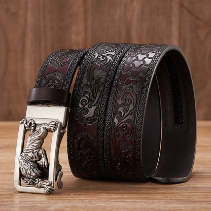 3.5cm Fashion Embossing Retro Male Belts for Men Business Split Leather Belt Dragon Pattern Automatic Buckle Strap