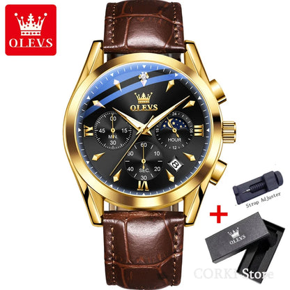 OLEVS 3609 Original Moon Phase Chronograph Watch for Men Leather Waterproof Luminous Luxury Quartz Mens Wristwatches Reloj Mujer