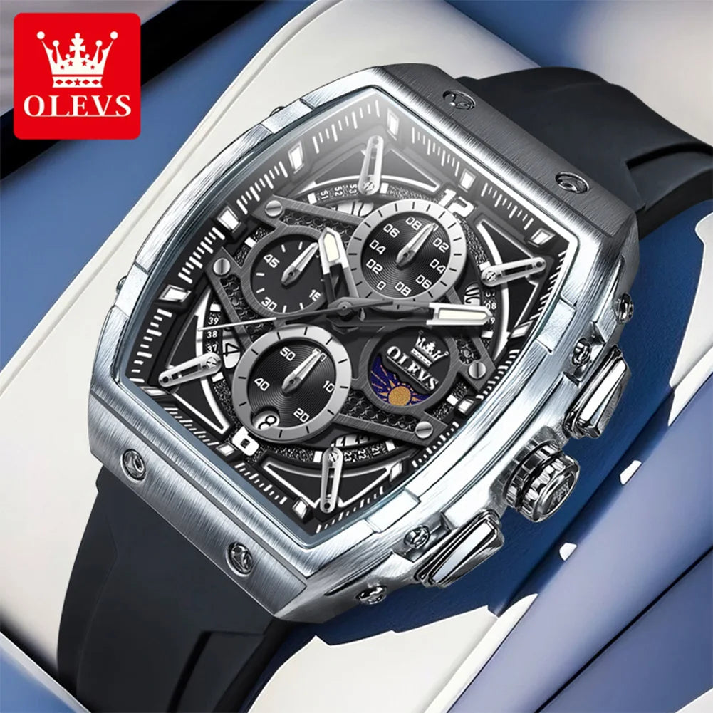 OLEVS 2975 Men's Watches Hollowed Quartz Wristwatch Silicone Strap Tonneau Large Dial Design Waterproof Luminous Watch for Men