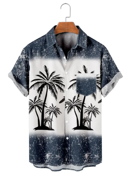 Hawaiian Men's Print Short  Sleeve Shirt Beach Coconut Tree Fashion Lapel Top 2025 New for Men Floral Clothes