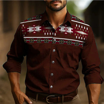 Men's Western Shirt Vintage Pattern Lapel Long Sleeve Button Print Top Fashion Streetwear Designer Western Style