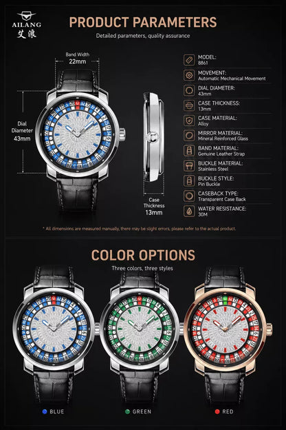 AILANG Fashionable and Noble Red Top Men Mechanical Watch Button Gambling Table Game Roulette Watches Pointer Sapphire Watch