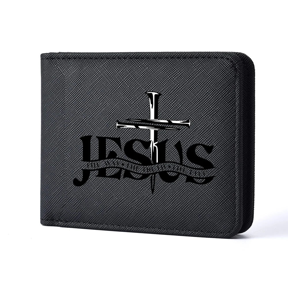Men's Leather Simple Double-sided Wallet, Short Style, Casual Jesus Pattern, Thin Card Case, Men's Money Clip