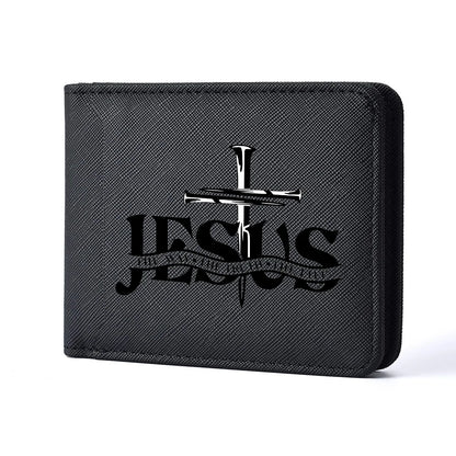 Men's Leather Simple Double-sided Wallet, Short Style, Casual Jesus Pattern, Thin Card Case, Men's Money Clip