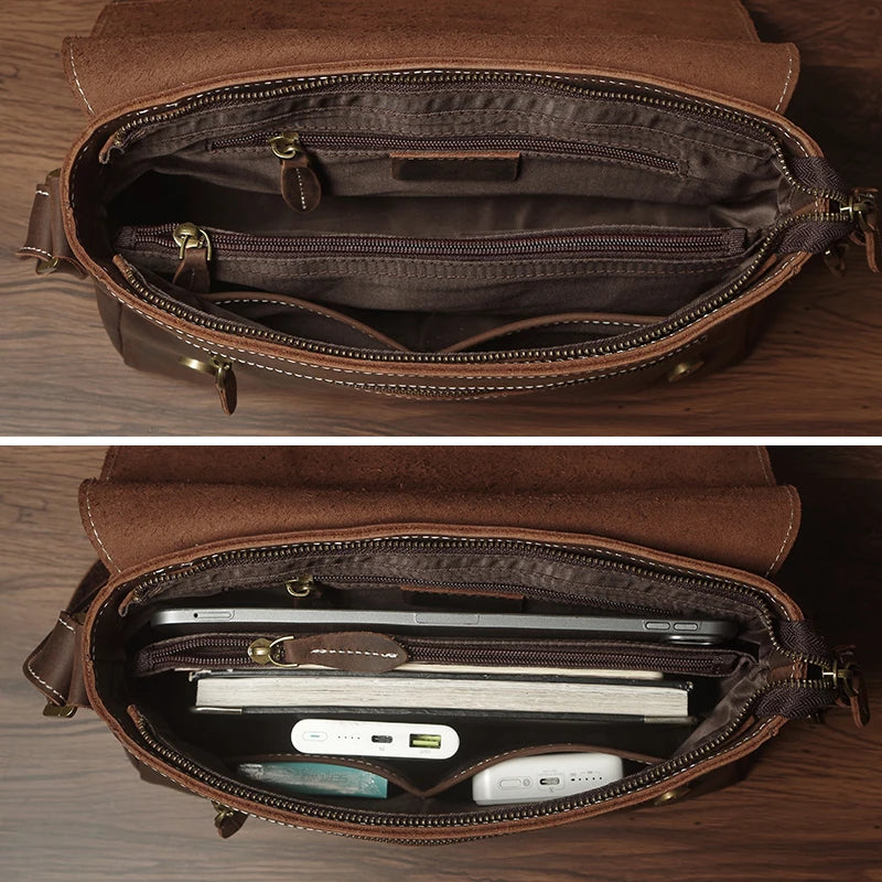 NUKA Men's Genuine Leather Shoulder Bag Retro Original Cowhide Horizontal Crossbody Deluxe Flap Messenger Bags For 11 Inch Ipad