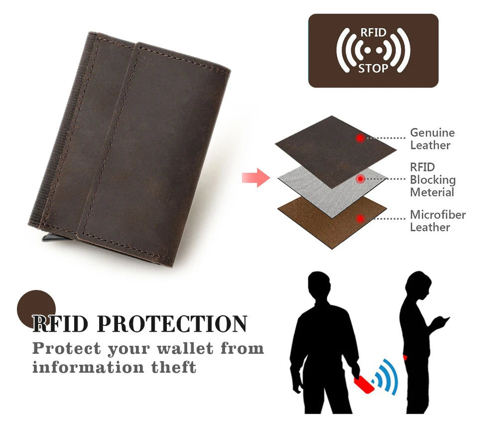 Genuine Leather RFID Card Wallets for Men Aluminium Box Travel Card Case Card Holders Money Clips Slim Casual Business Wallets