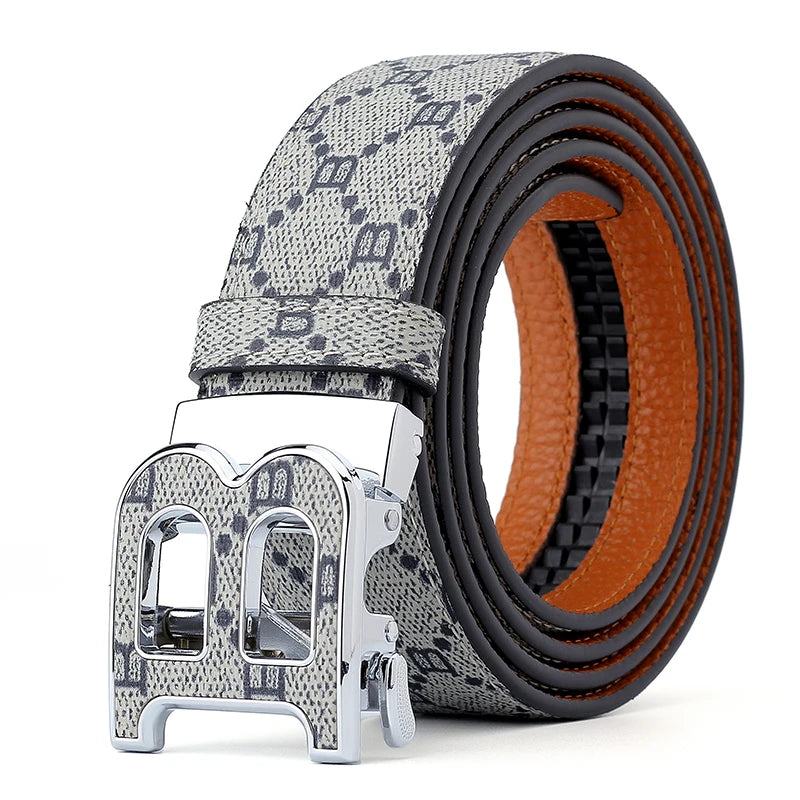 Classic B Print Leather Belt for Men - Adjustable Ratchet Buckle Dress Belt for Suits & Trousers