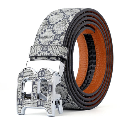 Classic B Print Leather Belt for Men - Adjustable Ratchet Buckle Dress Belt for Suits & Trousers
