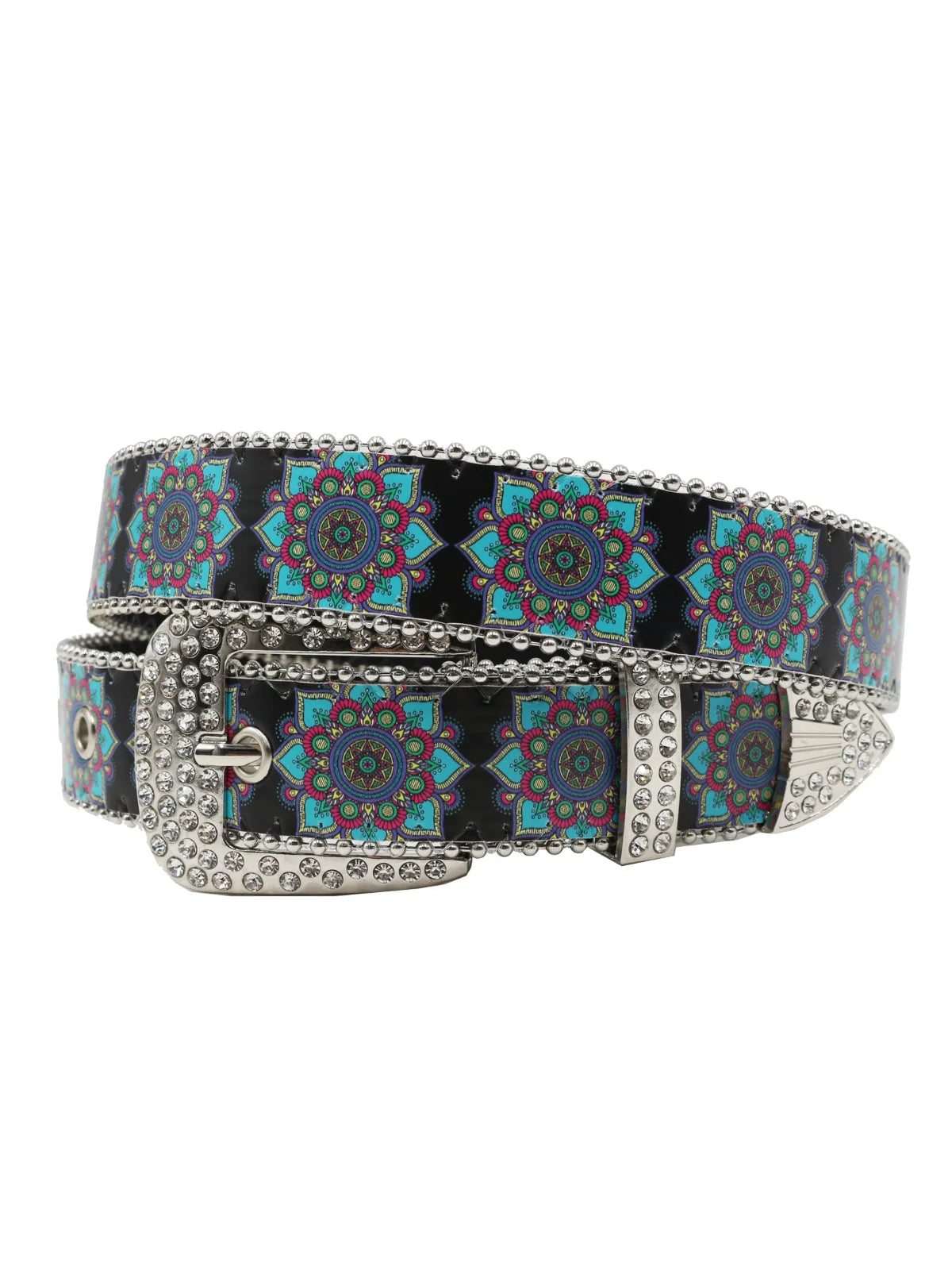Rhinestone belt blue totem print New Women's Fashion Rhinestone Versatile Fashion PU Leather Belt Jeans Punk Rock Y2K Belt