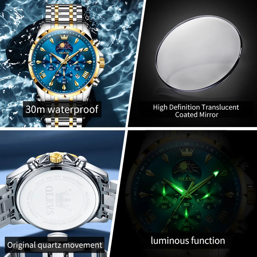 OLEVS 3653 Original Mens Quartz Watch NEW Four Functional Small Dials Chronograph 24-hour Moon Phase Stainless Steel Waterproof Man Wristwatch