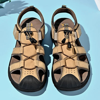 Genuine Leather Mens Water Beach Sandals Summer Closed Toe Sandals Non-slip Hiking Wading Sneakers Quick Dry Wading Aqua Shoes