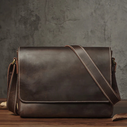 NUKA Men's Genuine Leather Shoulder Bag Retro Original Cowhide Horizontal Crossbody Deluxe Flap Messenger Bags For 11 Inch Ipad