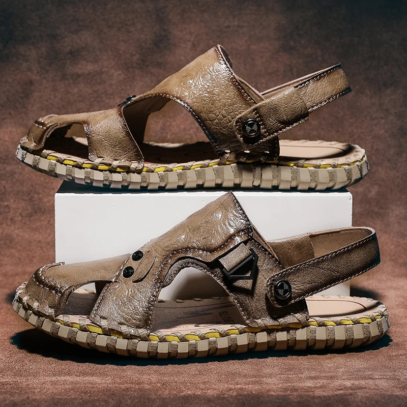 Handmade Men's Summer Sandals Genuine Leather Beach Rubber Flip Flops Classic Roman Male Sandals Outdoor Dual-Purpose Slippers