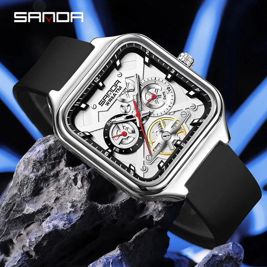 SANDA New Casual Men's Square Watches Fashion Hollow Skeleton Luminous 5ATM Waterproof Multifunction Chronograph Quartz Watch