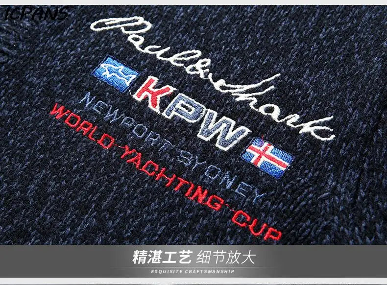 White Sweater Male Knitwear Shark Clothing Cotton Wool Jumpers Pullover Coats Jacquard Christmas Knitted Half Turtleneck Zip