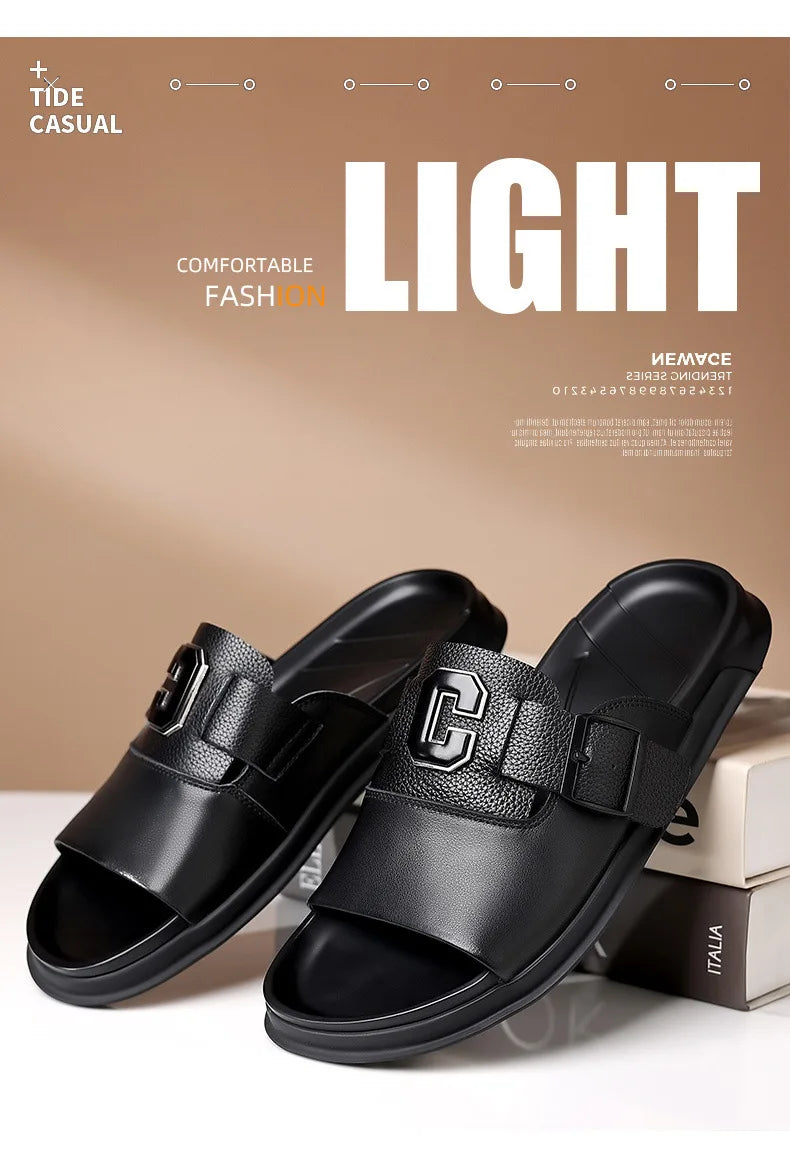 Men Outwear Genuine Leather Slippers for Men Fashion Buckle Designer Summer Flip-flops Male Casual Non-slip Beach Shoes Man