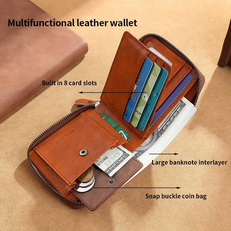Wallet for men genuine leather zipper wallet, change card bag, all-in-one wallet, trendy short clip for men