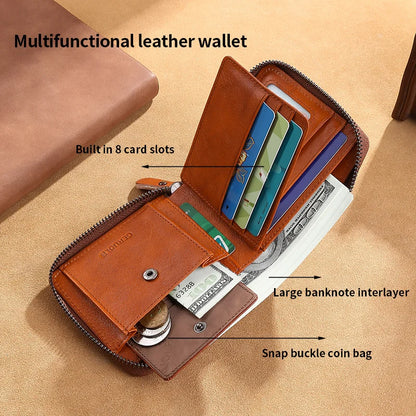 Wallet for men genuine leather zipper wallet, change card bag, all-in-one wallet, trendy short clip for men