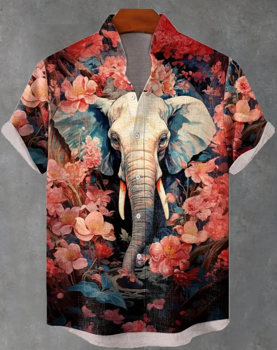 New Retro Men's Ethnic Elephant Pattern Print Lapel Shirt, Fashion Casual Short Sleeve Linen Neuheiten in Oberteile Und T-shirts