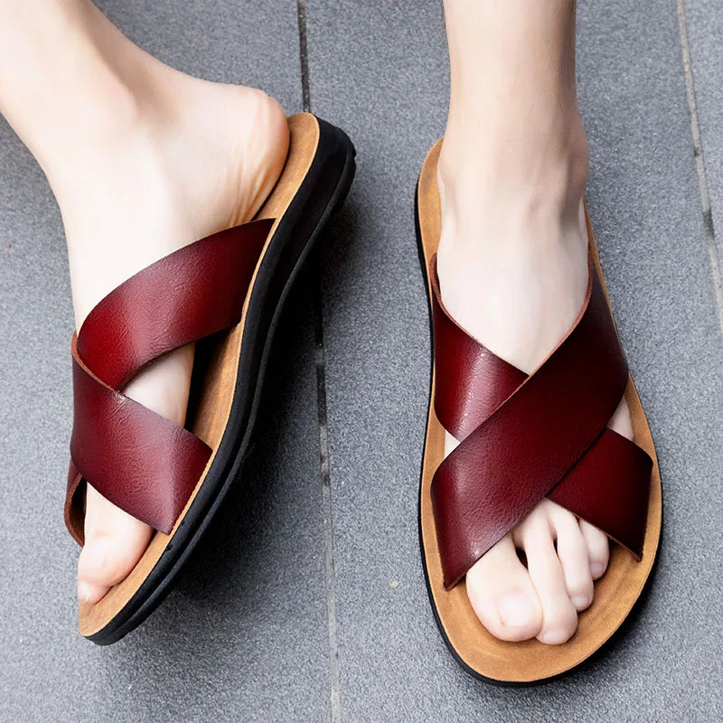 New Arrivals Italian Leather Slippers for Men Summer Hotel Beach High Quality Slip on Light Flats Male Flip Flops Big Size 38-47